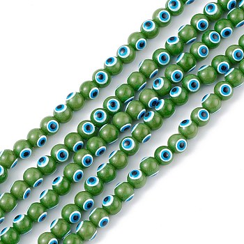 Baking Painted Glass Beads, Round with Evil Eye, Green, 6x5mm, Hole: 1.2mm, about 63~68pcs/strand, 13.70~15.04(34.8~38.2cm)