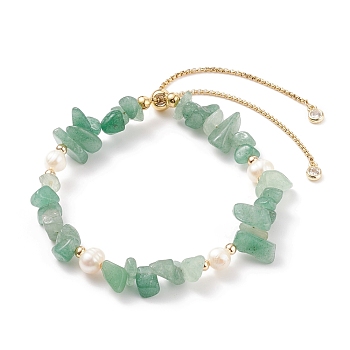 Natural Green Aventurine Chips & Pearl Beaded Slider Bracelet, Gemstone Jewelry for Women, Golden, Inner Diameter: 2-1/8~3-1/4 inch(5.4~8.4cm)