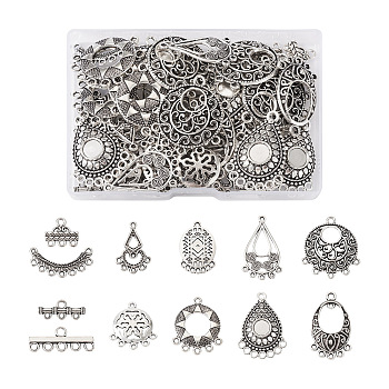 Jewelry 72Pcs 12 Style Tibetan Style Alloy Chandelier Components Links, Reducer Connector, Tibetan Style Charms, Mixed Shape, Antique Silver, 9~36x13.3~30x1~4mm, Hole: 1.2~3mm,  6pcs/style