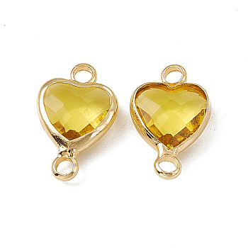 Transparent K9 Glass Connector Charms, Heart Links, with Light Gold Tone Brass Findings, Lt.Col.Topaz, 14x8.5x3.7mm, Hole: 1.8mm