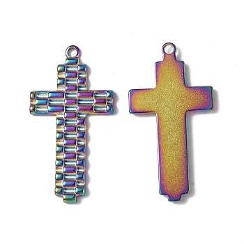 Ion Plating(IP) 304 Stainless Steel Pendants, Cross Charm, Rainbow Color, 39x20x2.5mm, Hole: 2mm