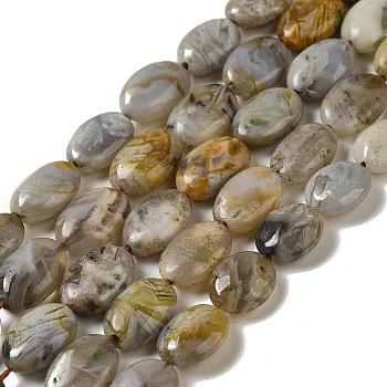 Natural Bamboo Leaf Agate Beads Strands, Flat Oval, 12x8~8.5x4.5~5mm, Hole: 1mm, about 34pcs/strand, 15.55~15.75''(39.5~40cm)