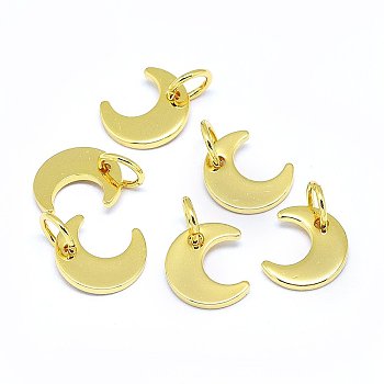 Brass Charms, Moon, Real 18K Gold Plated, 9x8x1mm, Hole: 3.5mm