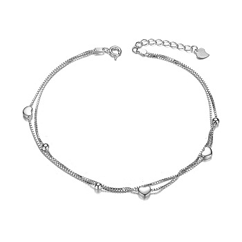 SHEGRACE Rhodium Plated 925 Sterling Silver 2-Layered Anklet, Hearts and Small Beads, Platinum, 210mm