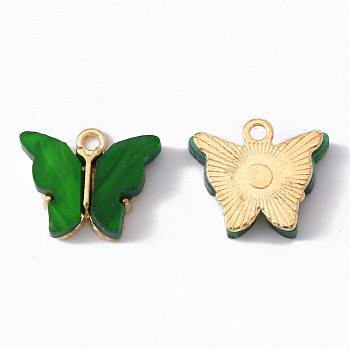 Alloy Acrylic Pendants, Butterfly, Light Gold, Dark Green, 14x16.5x3mm, Hole: 1.6mm