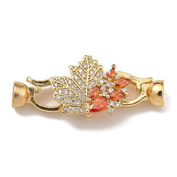 Brass Micro Pave Cubic Zirconia Fold Over Clasps, Maple Leaf, Real 18K Gold Plated, Orange, 36mm