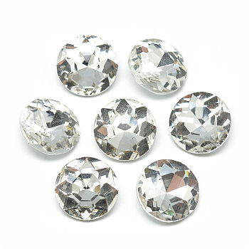 Pointed Back Glass Rhinestone Cabochons, Back Plated, Faceted, Flat Round, Clear, 12x4.8mm
