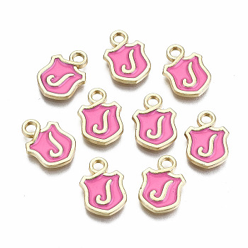 Alloy Enamel Charms, Cadmium Free & Lead Free, Shield with Initial Letters, Light Gold, Letter.J, 14x10x2mm, Hole: 2mm