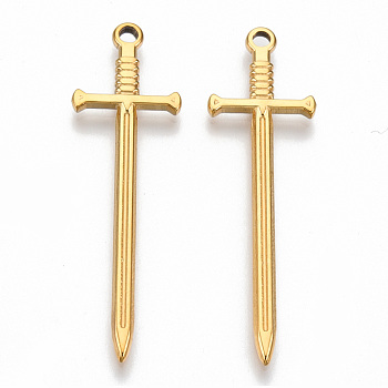 304 Stainless Steel Pendants, Sword Charm, Real 18K Gold Plated, 45x13.5x2mm, Hole: 1.8mm