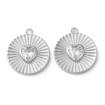 Real Platinum Plated Brass Pendants, with Glass, Flat Round with Heart Charms, Clear, 17x15x3mm, Hole: 1.4mm