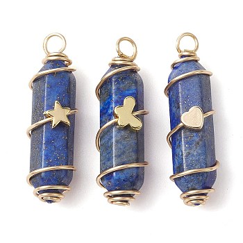 3Pcs 3 Styles Natural Lapis Lazuli Copper Wire Wrapped Pointed Pendants, Faceted Bullet Charms with Golden Tone Brass Heart & Star & Butterfly Beads, 34.5~37x10.5x12mm, Hole: 2.7mm, 1pc/style