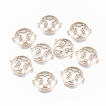 304 Stainless Steel Links Connectors, Laser Cut, Flat Roun with Hollow Monkey, Rose Gold, 15x18x1mm, Hole: 0.8mm