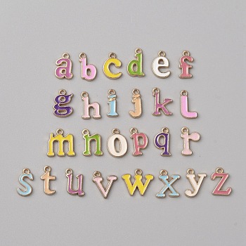 Alloy Enamel Pendants, Light Gold, Letter Charm, Mixed Color, Letter A~Z, 12.5~13.5x5~14.5x1.5mm, Hole: 1.4mm, 26pcs/set