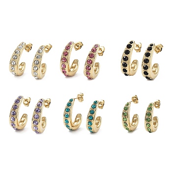 Glass Stud Earrings, Golden 304 Stainless Steel Half Hoop Earrings, Mixed Color, 26x6mm