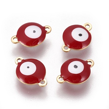 Ion Plating(IP) 304 Stainless Steel Enamel Links connectors, Flat Round with Evil Eye, Golden, FireBrick, 14.5x10x4.5mm, Hole: 1.4mm