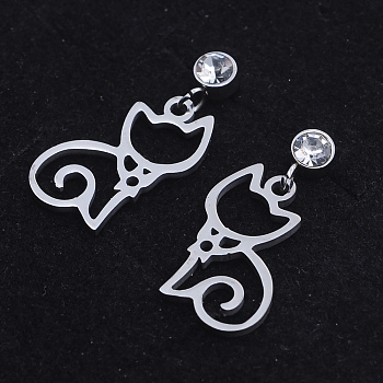 201 Stainless Steel Kitten Dangle Stud Earrings, with Clear Cubic Zirconia, Hollow Cat, Stainless Steel Color, 22.5mm, Pin: 0.8mm