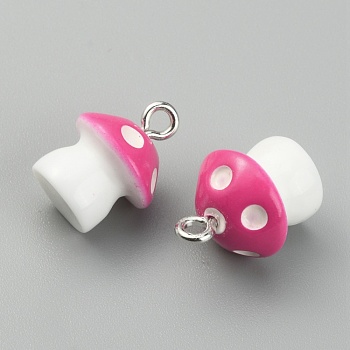 Opaque Resin Pendants, with Platinum Tone Alloy Loops, Mushroom Charm with Polka Dot Pattern, Camellia, 15x11mm, Hole: 2mm