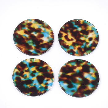 Cellulose Acetate(Resin) Pendants, Leopard Print, Flat Round, Colorful, 48x2.5mm, Hole: 1.4mm