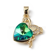 Real 18K Gold Plated Rack Plating Brass Micro Pave Clear Cubic Zirconia Pendants, with Glass, Long-Lasting Plated, Cadmium Free & Lead Free, Flamingo with Heart Charm, Green, 24x19x8mm, Hole: 3.5x5mm(KK-C015-33G-17)