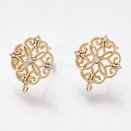 Brass Stud Earring Findings, Cubic Zirconia and Loop, Nickel Free, Real 18K Gold Plated, Flower, Clear, 13x12mm, Hole: 0.8mm, Pin: 0.8mm(KK-T038-491D)