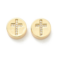 Rack Plating Eco-Friendly Brass Beads, Micro Pave Clear Cubic Zirconia, Long-Lasting Plated, Cadmium Free & Lead Free, Flat Round with Cross, Real 18K Gold Plated, 11x5.1mm, Hole: 2.1mm(KK-K267-03G)