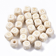 Carved Natural Wood European Beads, Horizontal Hole, Cube with Initial Letter, Blanched Almond, 10x10x10mm, Hole: 4mm(WOOD-T026-007)