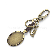 Alloy Cabochon Settings, Cadmium Free & Lead Free Keychain, with Alloy Rotatable Pendants & Iron Rings, Oval, Antique Bronze, Tray: 25x35mm, 116mm(X-KEYC-R030-03)