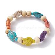 Beach Turtle Dyed Synthetic Turquoise Stretch Bracelets, Summer Wood Beaded Kid Bracelets for Girls, Colorful, Inner Diameter: 1-5/8~1-7/8 inch(4.05~4.85cm), Bead: 7x8~8.5mm, Turtle: 17~18x13~14mm(BJEW-JB10296-02)