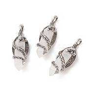 Natural Quartz Crystal Pointed Pendants, Rock Crystal Pendants, Faceted Bullet Charms with Antique Silver Tone Alloy Dragon Wrapped, 47.5x19x18.5mm, Hole: 7.5x6mm(G-C051-01C)