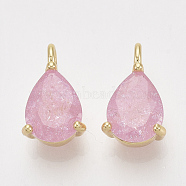 Brass Cubic Zirconia Charms, Teardrop, Pink, Nickel Free, Real 18K Gold Plated, 12x7x4.5mm, Hole: 1.6mm(X-ZIRC-S064-020)