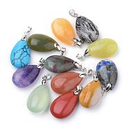 Natural & Synthetic Mixed Stone Pendants, with Alloy Findings, teardrop, Platinum, 23~24x14x8mm, Hole: 4x5mm(G-S243-M)