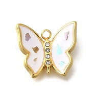 304 Stainless Steel Enamel Charms, with Rhinestone, Butterfly Charm, Real 18K Gold Plated, White, 13x14x3mm, Hole: 1.5mm(STAS-Q347-10D-G)