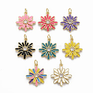 Brass Micro Pave Cubic Zirconia Enamel Pendants, with Jump Rings, Nickel Free, Flower, Real 16K Gold Plated, Mixed Color, 20x17.5x3.5mm, Jump Ring: 5x1mm, 3mm inner diameter(ZIRC-Q200-027-NF)
