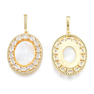 Brass Micro Pave Clear Cubic Zirconia Pendants, with Shell, Nickel Free, Real 18K Gold Plated, Oval with Saint, Creamy White, 36x27x4mm, Hole: 4x8mm(KK-N227-134)
