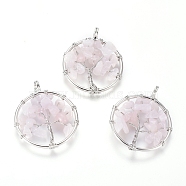 Natural Rose Quartz Pendants, with Brass Findings, Flat Round with Tree of Life, Platinum, 29x5~7mm, Hole: 4.5mm(X-G-E419-08P)