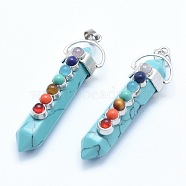 Chakra Jewelry, Synthetic Green Turquoise Double Terminated Pointed Pendants, with Natural & Synthetic Mixed Stone Alloy Findings, Bullet, Platinum, Dyed, 58~61x16.5~18x15.5~16mm, Hole: 4.5x7.5mm(G-G759-C13)