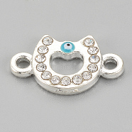 Alloy Rhinestone Links connectors, Cadmium Free & Lead Free, Horseshoes with Evil Eye, Sky Blue, Silver Color Plated, 17.5x10.5x2.5mm, Hole: 1.5mm(ALRI-S170-29S)