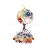Natural Mixed Stone Chip Big Pendants, with Copper Wire Wrapped and Coconut Brown Braided Nylon Thread, Flat Round with Tree
, Golden, 110mm, Flat Round: 55x41.5x9mm, Hole: 6.4mm(PALLOY-JF01532-03)