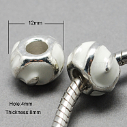 Alloy Enamel European Beads, Large Hole Beads, Rondelle, Silver Color Plated, White, 12x8mm, Hole: 4mm(X-MPDL-R009-03)
