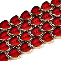 Electroplate Glass Beads Strands, Heart, with Golden Tone Brass Edge, Red, 13~13.5x14x4~4.5mm, Hole: 0.8~0.9mm, about 22pcs/strand, 11.02''(28cm)(X-EGLA-T021-23A)