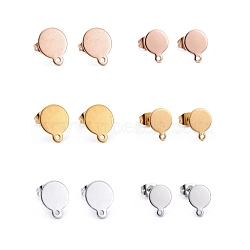 24Pcs 3 Color Vacuum Plating 304 Stainless Steel Stud Earring Findings, with Loop and Flat Plate, Flat Round, Mixed Color, 10.5~12.5x8~10x0.6~1mm, Hole: 1.5mm, Pin: 0.8mm, 24pcs/box(STAS-ZZ0001-07)