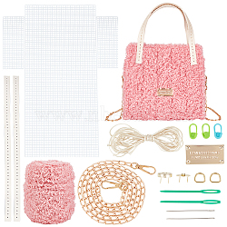 DIY Knitting Crochet Bags Kits, Including Yarn, Mesh Plastic Canvas Sheets, Bag Handles, Bag Strap Chains, Knitting Needles, Thread, Magnetic Clasp, Labels, D Ring, Pink(DIY-WH0449-63C)