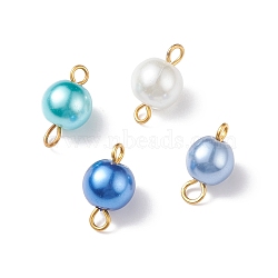 Glass Imitation Pearl Connector Charms, with Golden Plated Double Iron Loops, Round, Royal Blue, 14x7.5mm, Hole: 1.8mm and 2.5mm(PALLOY-JF01881-01)