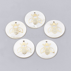 Freshwater Shell Pendants, with Brass Findings, Flat Round with Bee, Golden, 22.5~23x1.5~2mm, Hole: 1.5mm(X-SHEL-T009-12G)