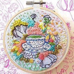 DIY Flower & Cup Pattern Embroidery Starter Kit, Cross Stitch Kit Including Imitation Bamboo Frame, Carbon Steel Pins, Cloth and Colorful Threads, Colorful, 177x164x8.5mm, Inner Diameter: 144mm(DIY-C038-06)