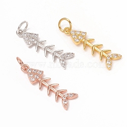 Brass Micro Pave Clear Cubic Zirconia Pendants, with Jump Rings, Long-Lasting Plated, Fishbone, Mixed Color, 21.5x6.5x2mm, Jump Ring: 5x0.7mm, Inner Diameter: 3.6mm(KK-I668-18)