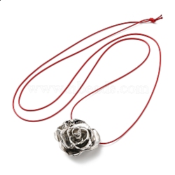 Zinc Alloy Rose Flower Pendant Necklace with Leather Cords, Platinum, 56.69~57.09 inch(144~145cm)(NJEW-D044-01P)