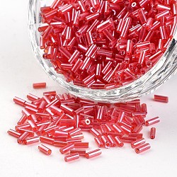 Transparent Colours Pearl Luster Plated Round Hole Glass Bugle Beads, FireBrick, 2~5x1.8~2mm, Hole: 0.8mm, about 12000pcs/450g(SEED-I001-105)