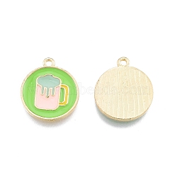 Alloy Enamel Pendants, Flat Round with Cup, Light Gold, Lawn Green, 18.5x13x1.5mm, Hole: 1.5mm(FIND-A017-46LG)