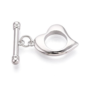 6Pcs Brass Toggle Clasps, Heart, Real Platinum Plated, 14x15x3mm, Hole: 0.7mm